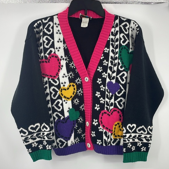Vintage Other - Vintage Kids 90’s Jet Set striped heart knit cardigan sweater Size Large 14